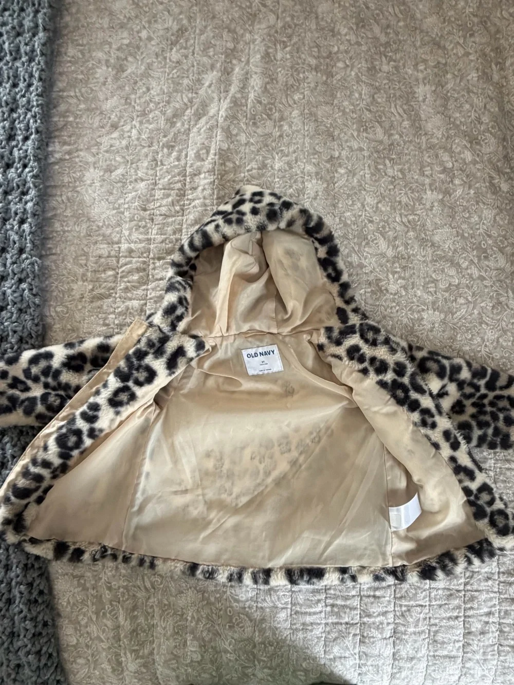 Old Navy Kids Faux Fur Leopard Hooded Coat - Black & Cream